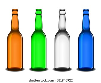 Set of four empty beer bottles: brown, green, white and blue. All elements sorted and grouped in layers