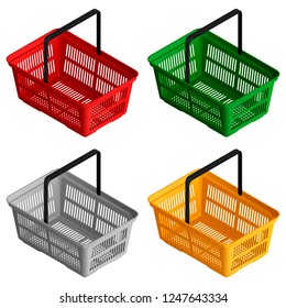 Set of four empty shopping carts in isometric view. Isolated vector illustration on white background.