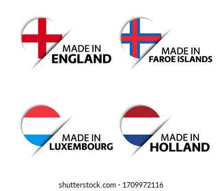 Conjunto de cuatro calcomanías inglesas, feroe isleñas, luxemburguesas y holandesas. Hecho en Inglaterra, Hecho en las Islas Feroe, Hecho en Luxemburgo y Hecho en los Países Bajos. Iconos simples con marcas