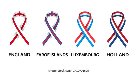 Set of four English, Faroe Islands, Luxembourgish and Dutch stripe ribbons. Pray for England, Faroe Islands, Luxembourg and Netherlands. Independence day. Simple icons with flags