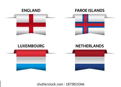 Set of four English, Faroe Islands, Luxembourgish and Dutch ribbons. Made in England, Made in Faroe Islands, Made in Luxembourg and Made in Netherlands stickers and labels