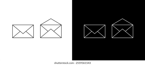 A set of four envelope icons, showcasing different opening states. The icons are presented in both black and white versions, providing versatility for various design projects. Perfect for web design, 