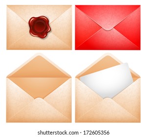 Set of four envelopes with paper sheet and wax seal. Isolated on white background.