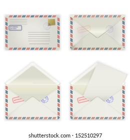 A set of four envelopes with stamps and label. The collection includes a front view, rear view and open the envelope and the envelope with the letter. Vector illustration.