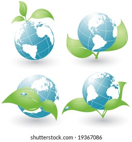 set of four environmental icons over white with abstract globe