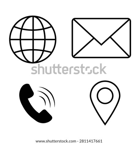 A set of four essential contact and communication vector line icons including a globe (website internet), an envelope (email mail), a ringing phone receiver (call telephone), and a location map pin (address navigation). Perfect for 