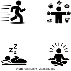Un conjunto de cuatro iconos esenciales para promover un estilo de vida equilibrado y saludable