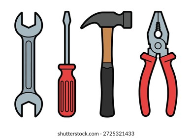 "Vier grundlegende Tools: Schlüssel, Schraubendreher, Hammer, Zange für DIY"