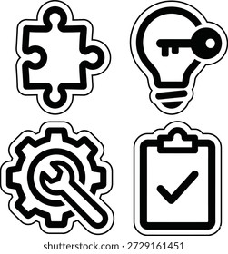 Un conjunto de cuatro íconos de línea blanca esenciales en negro, que representan conceptos comerciales como resolución de problemas, innovación, Configuraciones y finalización de tareas.