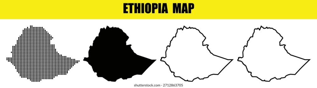 Conjunto de quatro contornos de mapas da Etiópia padronizados, preto sólido, contorno e contorno simples
