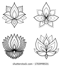 Set of four ethnic Mandala ornaments isolated on white background. Henna tattoo design. Vector illustration