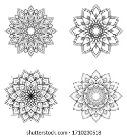 Set of four ethnic round Mandala ornaments isolated on white background. Henna tattoo design. Vector illustration