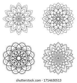Satz von vier ethnischen runden Mandala-Ornamenten einzeln auf weißem Hintergrund. Henna Tattoo-Design. Vektorillustration