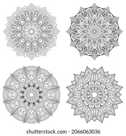 Set of four ethnic round Mandala ornaments isolated on white background. Vector illustration