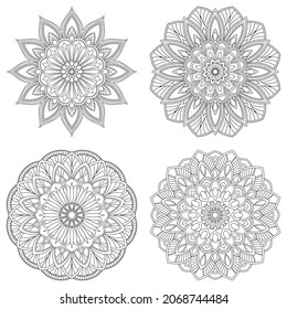 Set of four ethnic round mandala ornaments isolated on white background. Vector illustration. Geometric flower.