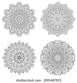 Set of four ethnic round mandala ornaments isolated on white background. Vector illustration. Geometric flower.