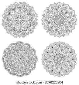 Conjunto de cuatro ornamentos étnicos redondos de mandala aislados en fondo blanco. Ilustración vectorial. Flor geométrica.