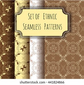 Set of four ethnic seamless patterns. Tribal geometric backgrounds with arrows and plants. Stylish  fabric print. Modern abstract wallpaper. Vector illustration.