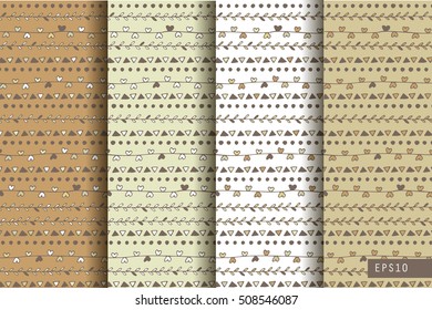 Set of four ethnic seamless patterns. Holiday handmade abstract wallpaper. Vector illustration.