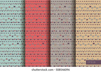 Set of four ethnic seamless patterns. Holiday handmade abstract wallpaper. Vector illustration.
