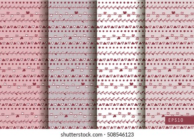 Set of four ethnic seamless patterns. Holiday handmade abstract wallpaper. Vector illustration.