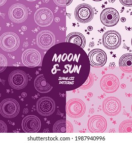 set of four ethnic style seamless patterns, moon, sun and stars, purple colors, vector illustrations