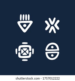 Conjunto de cuatro símbolos étnicos. Colección vectorial de iconos planos estilizados. Resumen de elementos geométricos aislados sobre fondo azul oscuro. Paneles planos para el logotipo y el diseño plano.