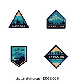 Set four of Explore and Adventure Forest camp labels emblem in vintage style with blue colour. outdoor mountain logo badge for adventure, explorer, camping and hiking logo patches.