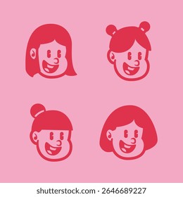 Set of four expressive cartoon girl faces showing angry or annoyed emotion in bold red on pink background. Perfect for branding, mascot, or character design. EPS vector