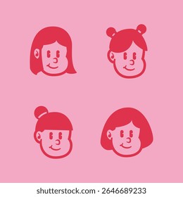 Set of four expressive cartoon girl faces showing angry or annoyed emotion in bold red on pink background. Perfect for branding, mascot, or character design. EPS vector