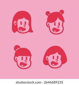 Set of four expressive cartoon girl faces showing angry or annoyed emotion in bold red on pink background. Perfect for branding, mascot, or character design. EPS vector