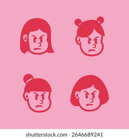 Set of four expressive cartoon girl faces showing angry or annoyed emotion in bold red on pink background. Perfect for branding, mascot, or character design. EPS vector