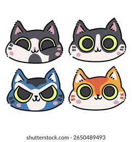 Set of four expressive cat faces cartoon illustration art. Cute cats collection art 