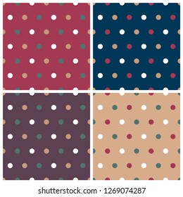 Set of four exquisite, luxury style polka dot seamless patterns. Elegant red, gold, blue, purple, green colors.