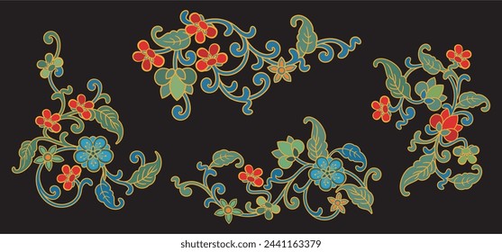 A set of four exquisite vector floral ornamental designs in traditional Asiatic style over a black background. Spring and summer decoration concept. Extremely clean vector graphics. Vinyl ready.