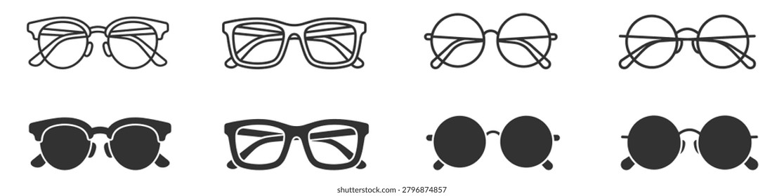 set of four eyeglass frames line and silhouette icons on transparent background