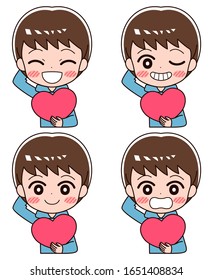 A set of four facial expressions of a boy who laughs happily with a heart symbol.