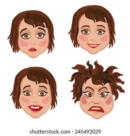 Set of four facial expressions of emotion woman on white background