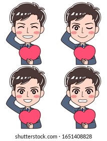 
A set of four facial expressions of a man who laughs happily with a heart symbol.