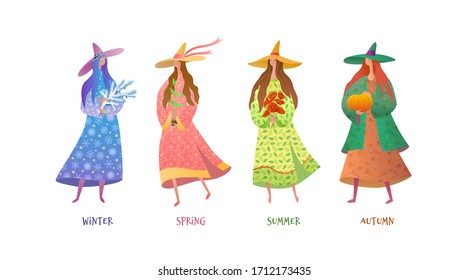 Set of four Fairies for every season:winter, spring, summer, autumn.
Cartoon vector colorful isolated illustration with texture. 