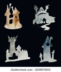 A set of four fairy-tale castles in watercolor technique in gray tones