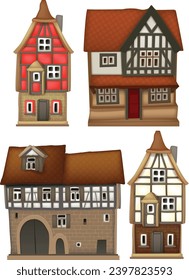 Set of four fairytale Christmas houses. Very realistic illustration.
