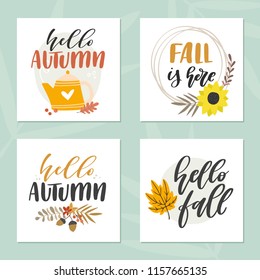 Set of four fall greeting cards. Vector illustrations 