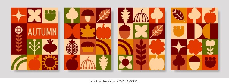 Set of four fall vector posters in a stylish geometric grid style with stylized autumn leaves, pumpkins, acorns, apples, and mushrooms.