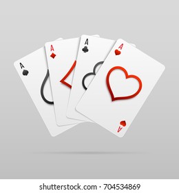 Set of four fan shaped aces playing cards. Suits with cutted out symbols. Vector illustration.
