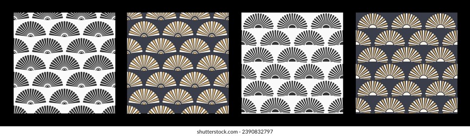 Set of four fans seamless vector patterns. Geometric shapes seamless backgrounds. Japanese style seamless patterns. Flat design. Color and monochrome vector patterns. 