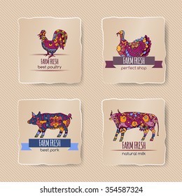 Set of four farm fresh labels with animals decorated in ethnic style. Highly original, contains hand drawn elements. Great for farm products and grocery advertising, ethnic festival prints, cards