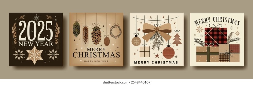 Set of four farmcore Christmas and New Year greeting cards featuring rustic design earthy tones, pinecones, gifts, and festive ornaments. Perfect for countryside holiday celebrations and cozy seasonal