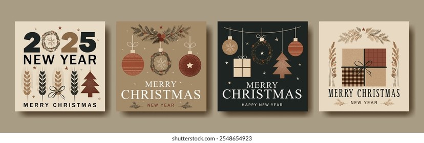 Set of Four Farmcore Christmas and New Year Greeting Cards with Rustic Design: Wheat, Ornaments, Wreaths, Gifts, and Pine Elements in Earthy Tones – Perfect for Cozy Countryside Holiday Celebrations	