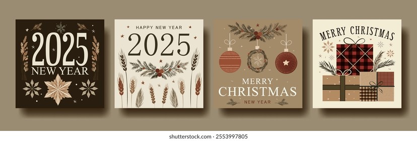 
Set of Four Farmcore Christmas and New Year Greeting Cards with Rustic Design: Wheat, Ornaments, Wreaths, Gifts, and Pine Elements in Earthy Tones – Perfect for Cozy Countryside Holiday Celebration